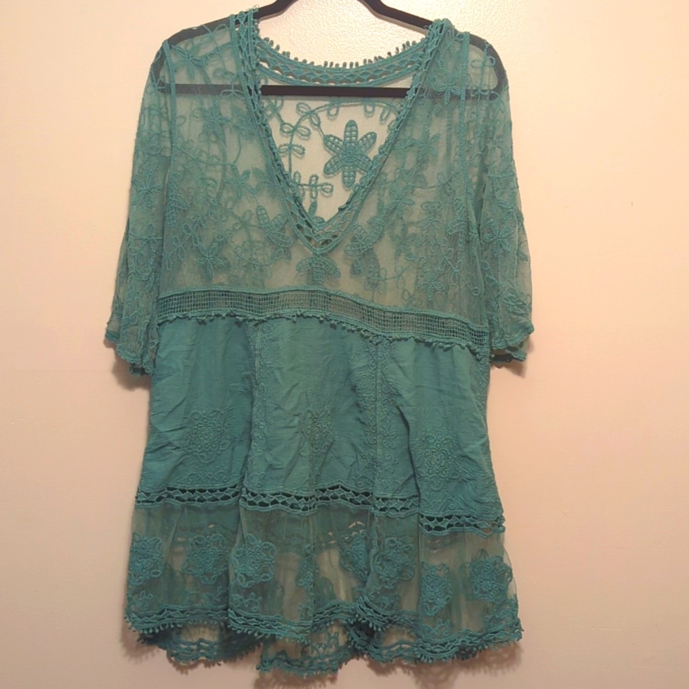 One Size Unknown Brand Light-Teal Sheer Decorative Blouse